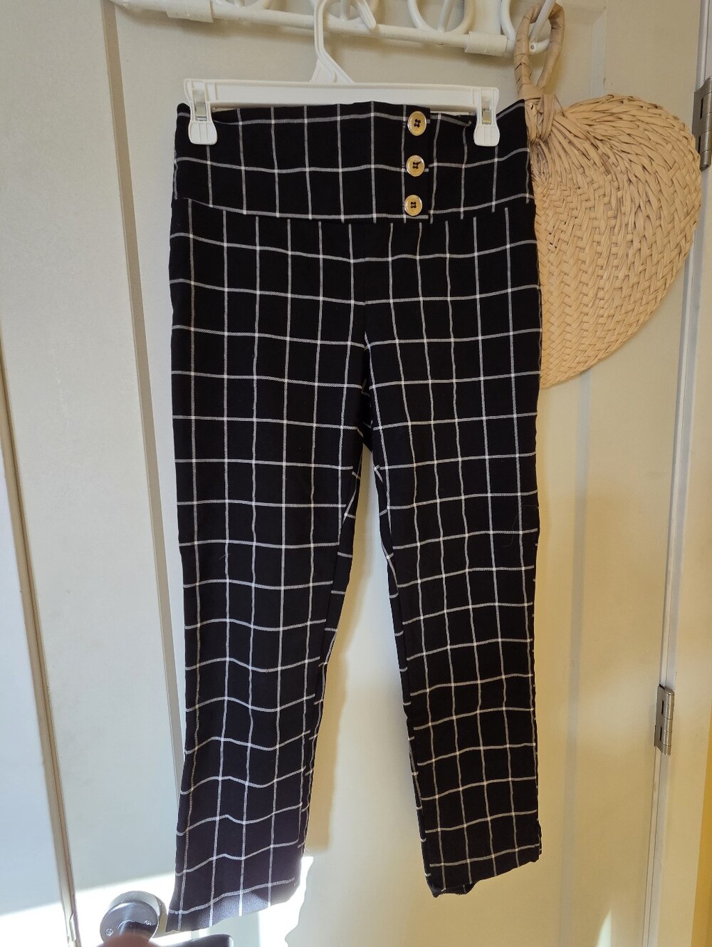 Black Windowpane Grid Pants with Button Waist